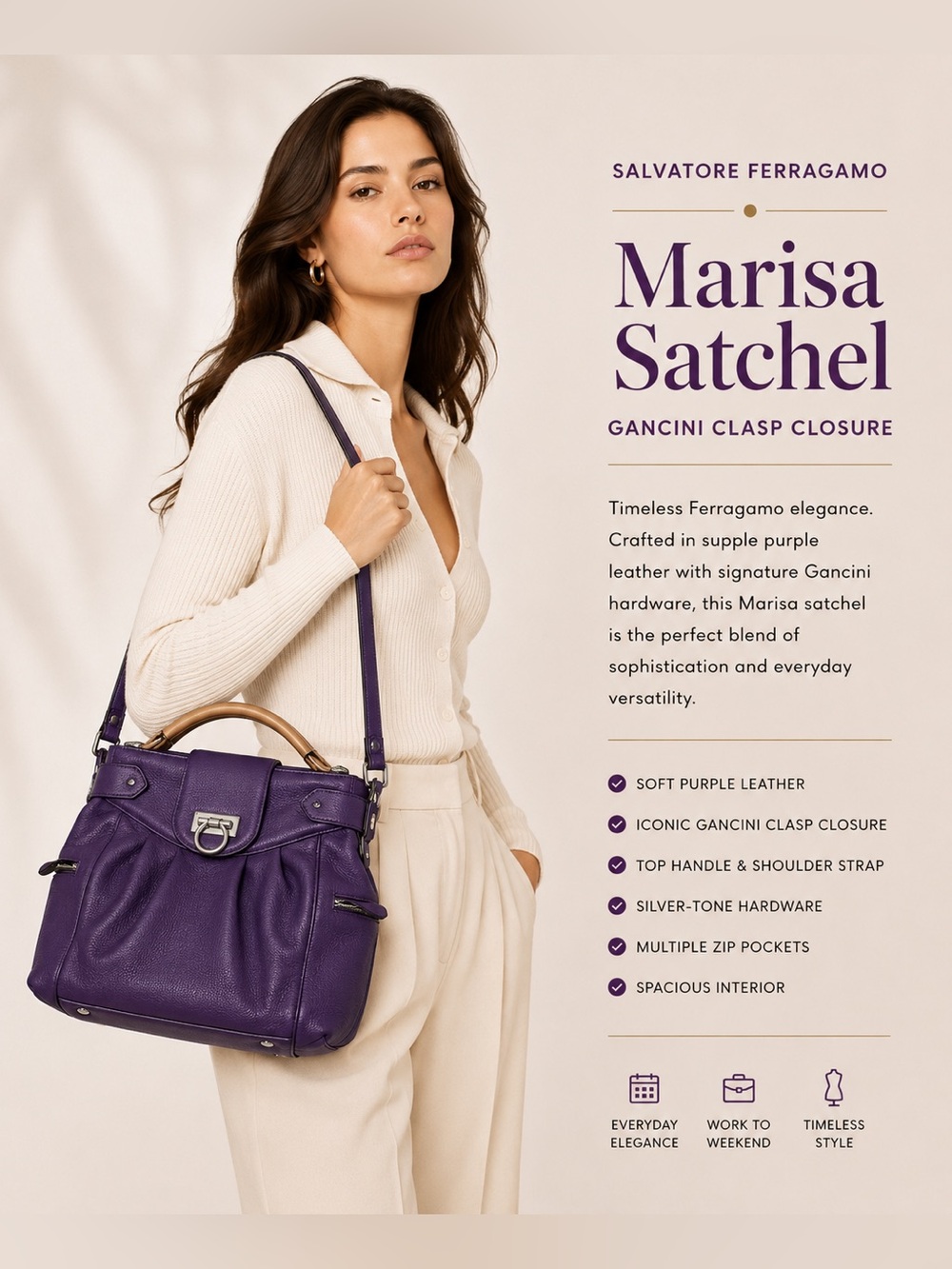 Salvatore Ferragamo Marisa Satchel in purple soft leather Gancini clasp closure